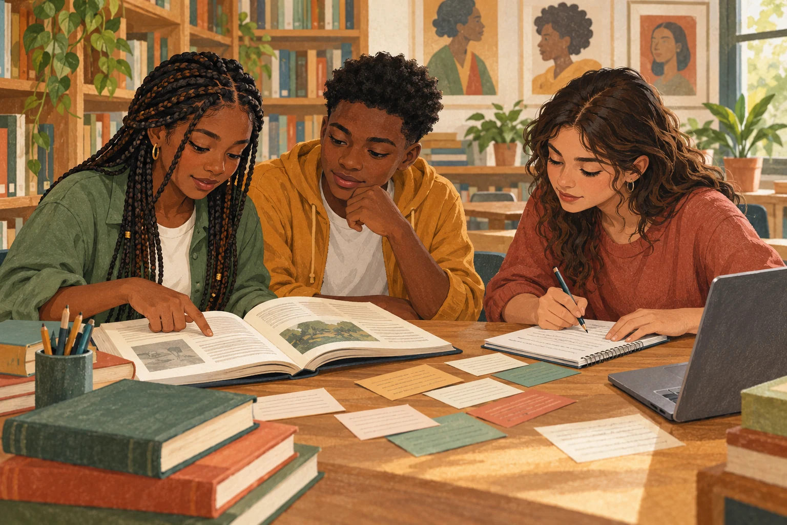 Estudantes consultam livros e organizam fichas de pesquisa em uma biblioteca