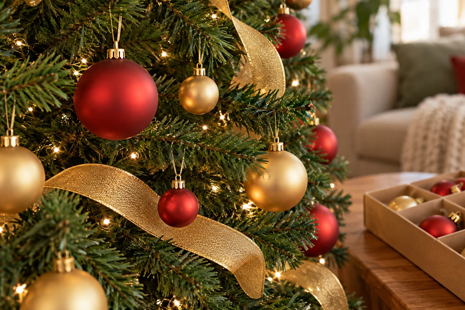 Bolas vermelhas e douradas, fita dourada e pequenas luzes entre os galhos de uma árvore de Natal