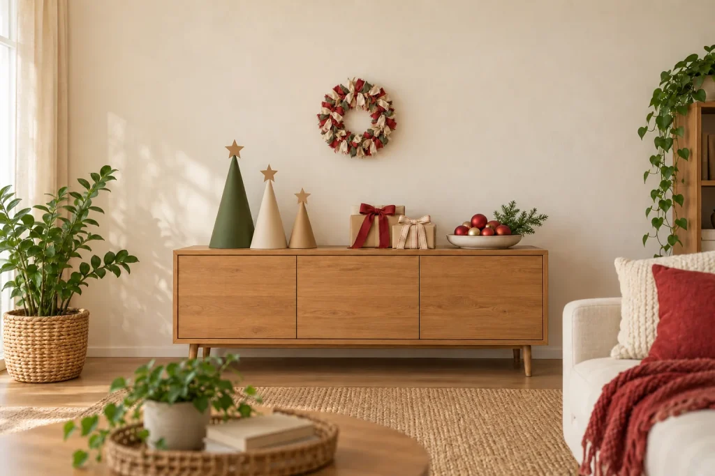 Aparador com miniárvores de papel, caixas com laços e enfeites de Natal, com guirlanda de tecido na parede