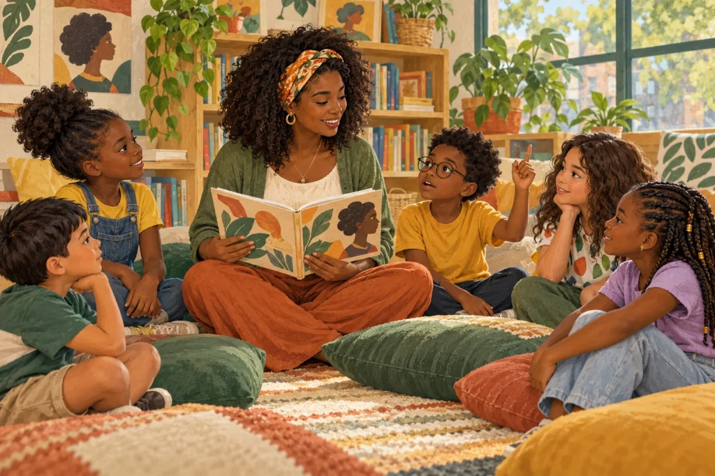 Professora negra apresenta um livro ilustrado a crianças reunidas em uma roda de leitura