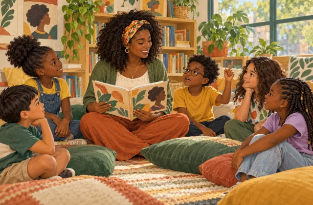 Professora negra apresenta um livro ilustrado a crianças reunidas em uma roda de leitura