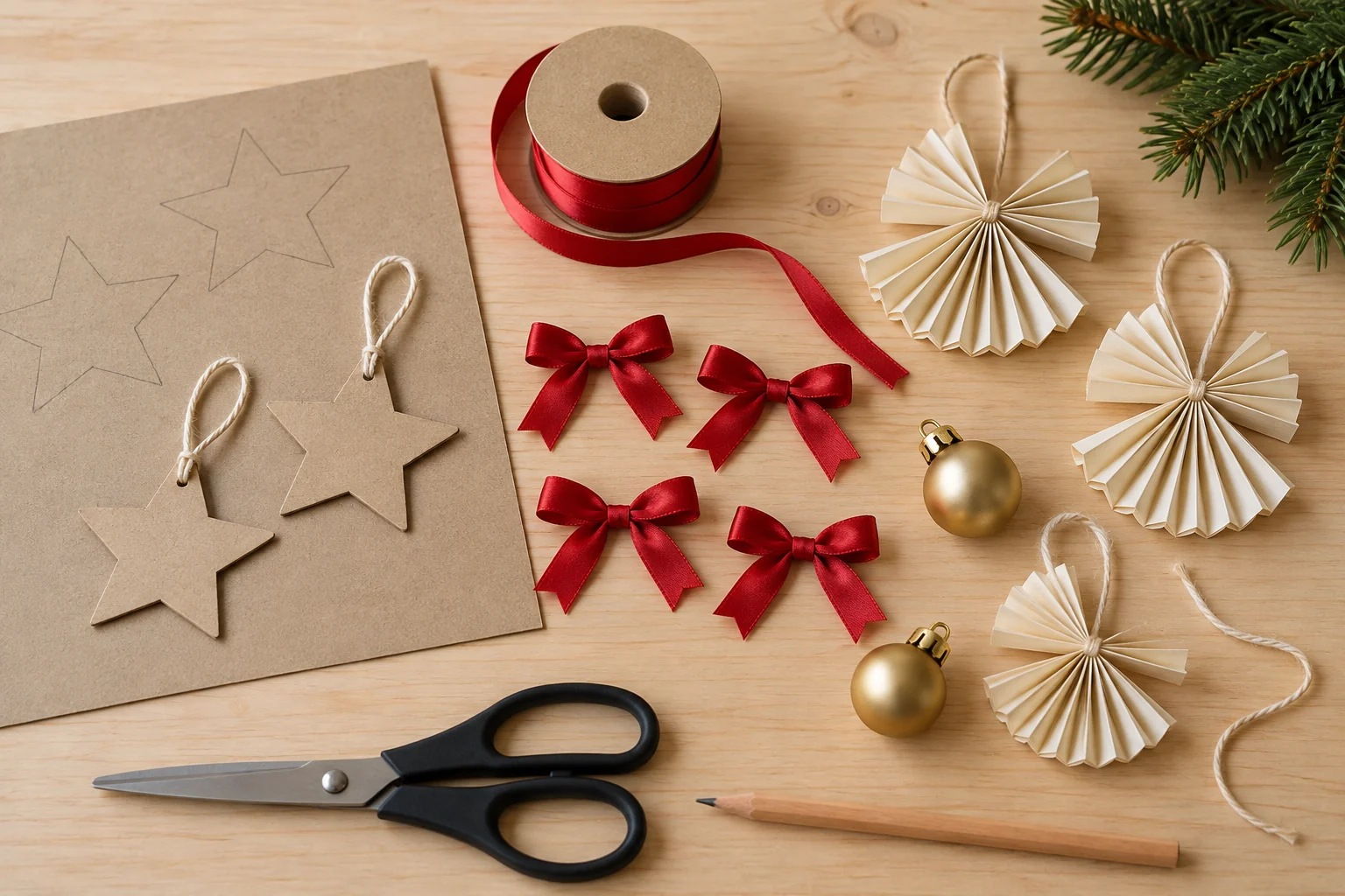 Laços vermelhos, estrelas de papel kraft e leques de papel sobre uma mesa