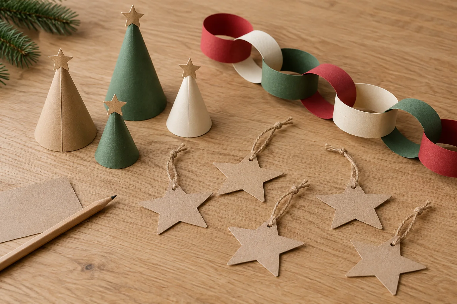 Miniárvores de cone, corrente de argolas coloridas e estrelas de papelão com alças de barbante sobre uma mesa