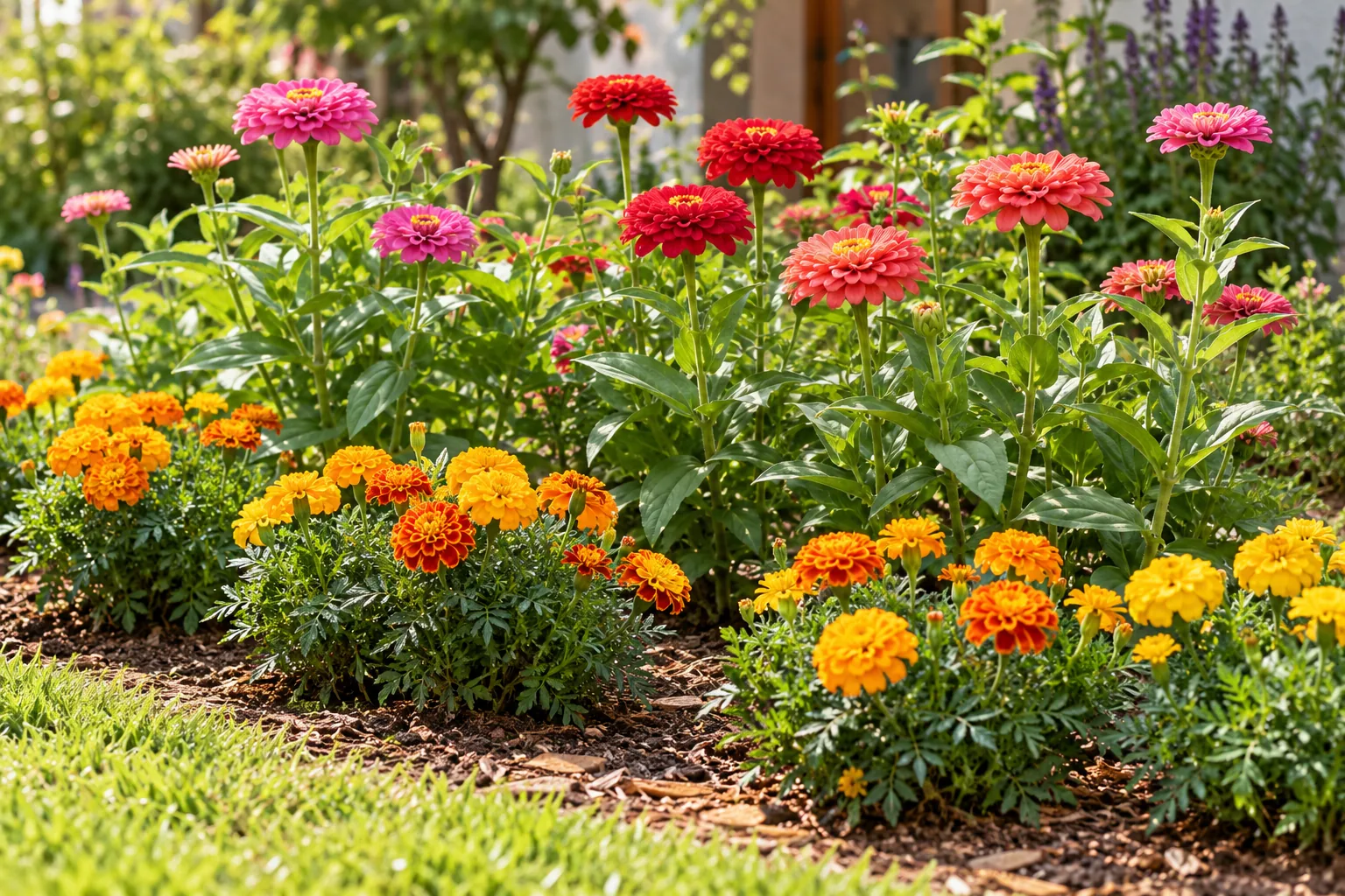 Canteiro com zínias rosas e vermelhas ao fundo e tagetes amarelas e alaranjadas à frente