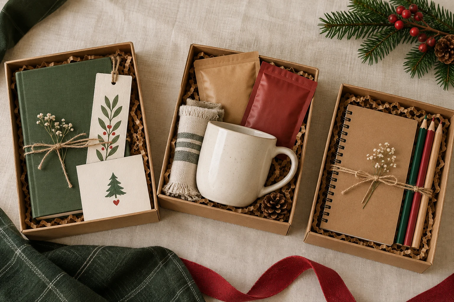 Kits de leitura, café e papelaria organizados sobre um tecido claro
