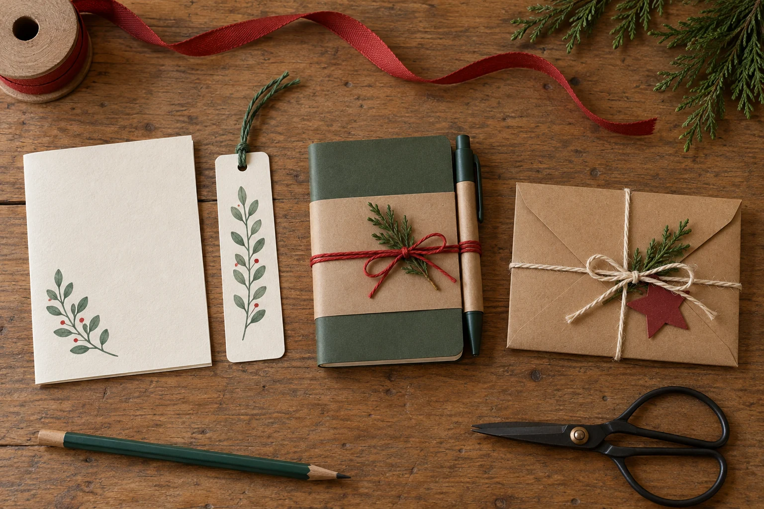Cartão e marcador artesanal ao lado de uma caderneta com faixa kraft e de um envelope decorado