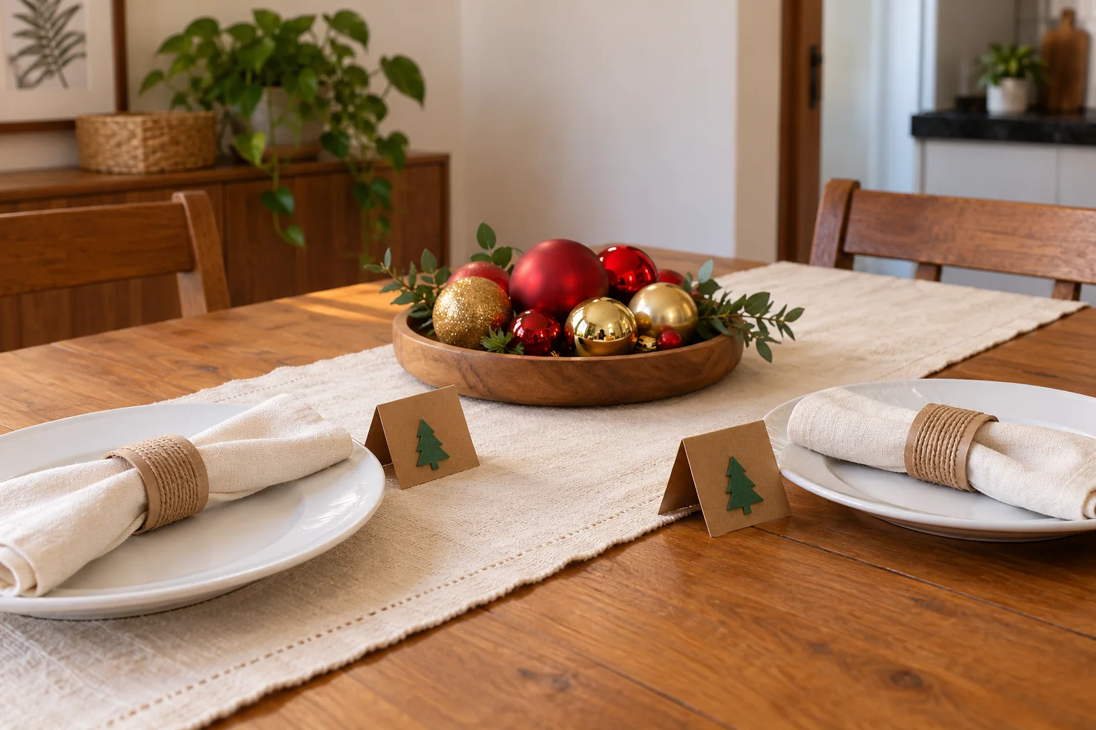 Mesa com pratos brancos, porta-guardanapos revestidos de juta, cartões com pinheirinhos e bandeja baixa com bolas natalinas