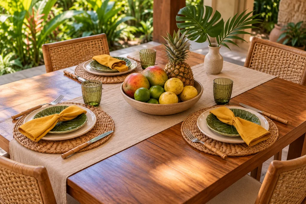 Mesa posta tropical com pratos verdes, guardanapos amarelos, jogos americanos trançados e fruteira no centro