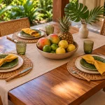 Mesa posta tropical com pratos verdes, guardanapos amarelos, jogos americanos trançados e fruteira no centro