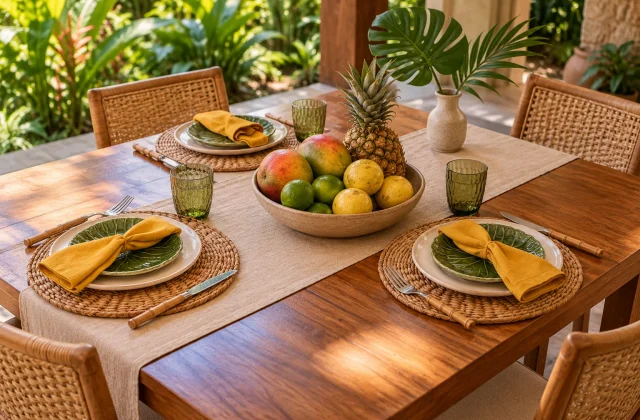 Mesa posta tropical com pratos verdes, guardanapos amarelos, jogos americanos trançados e fruteira no centro