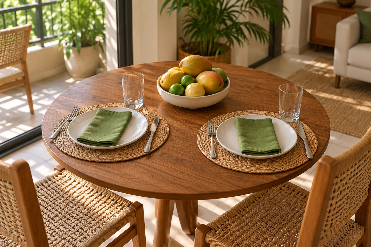Mesa redonda com dois lugares, pratos brancos, guardanapos verdes e uma tigela de frutas inteiras