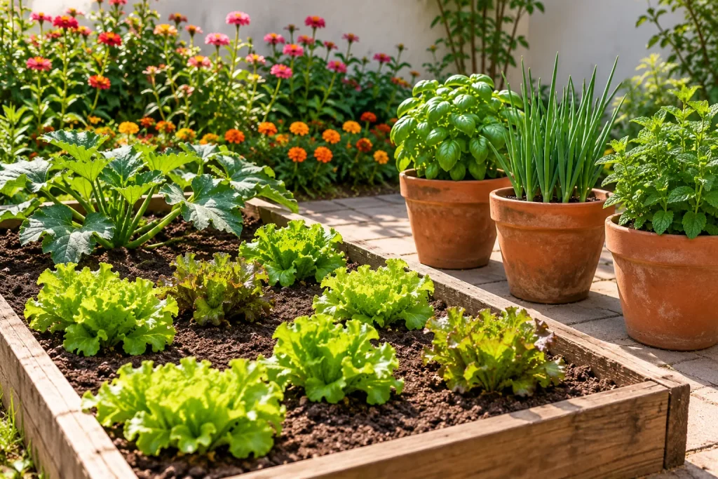 Pequena horta em quintal com alfaces, abobrinha, vasos de temperos e flores ao fundo