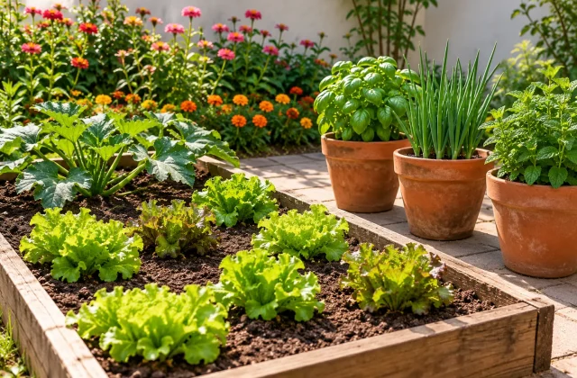 Pequena horta em quintal com alfaces, abobrinha, vasos de temperos e flores ao fundo