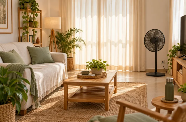 Sala com cortinas claras, sofá de tecido leve e ventilador em um espaço organizado