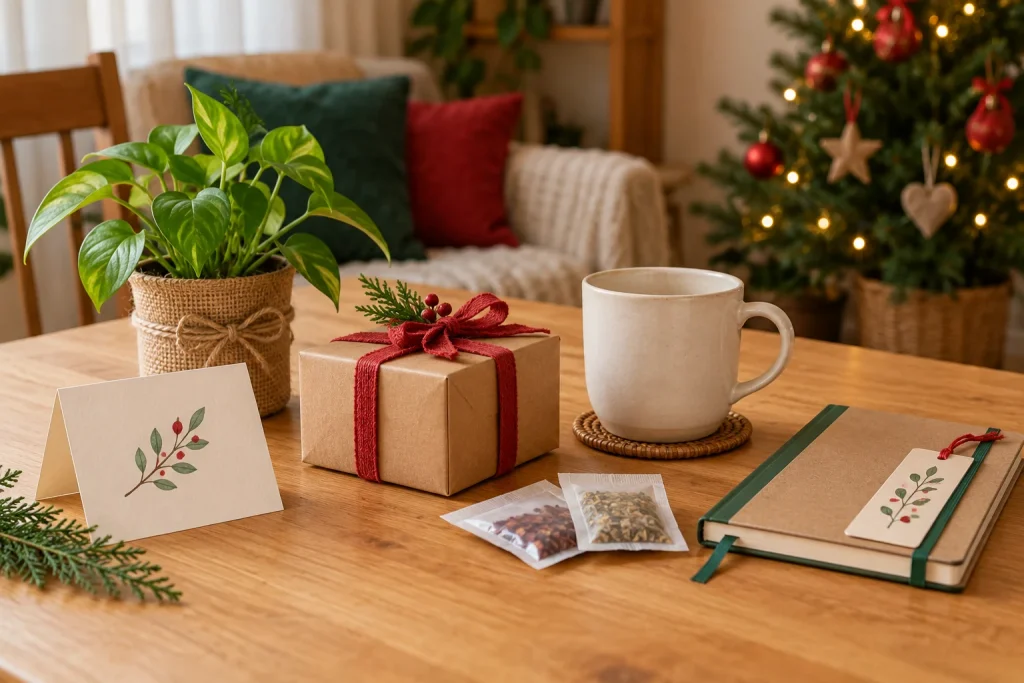 Presentes de Natal com caixa kraft, caneca, caderno e planta sobre uma mesa