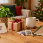 Presentes de Natal com caixa kraft, caneca, caderno e planta sobre uma mesa