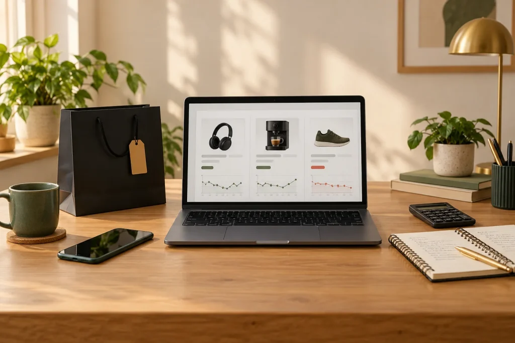 Notebook com ilustração de produtos e históricos de preços, ao lado de calculadora, celular e caderno