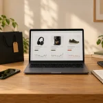 Notebook com ilustração de produtos e históricos de preços, ao lado de calculadora, celular e caderno