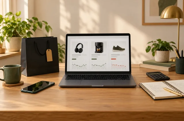 Notebook com ilustração de produtos e históricos de preços, ao lado de calculadora, celular e caderno