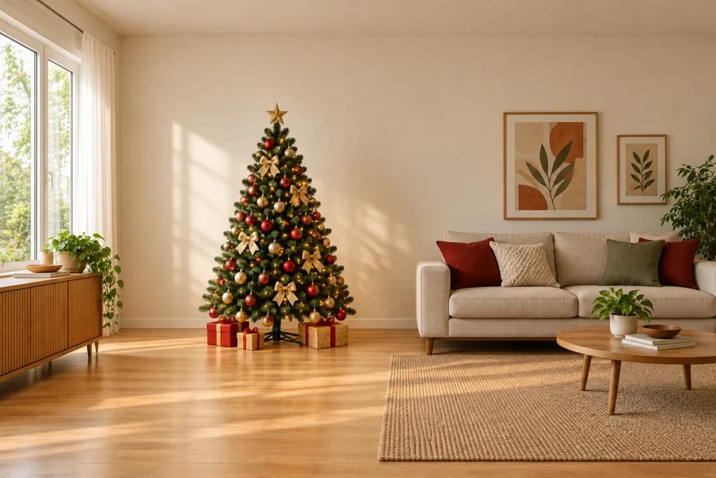 Árvore de Natal com bolas vermelhas e douradas, laços e estrela ao lado de um sofá claro
