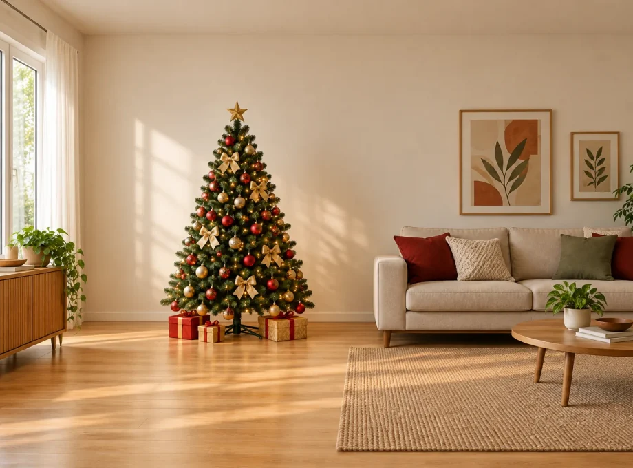 Árvore de Natal com bolas vermelhas e douradas, laços e estrela ao lado de um sofá claro