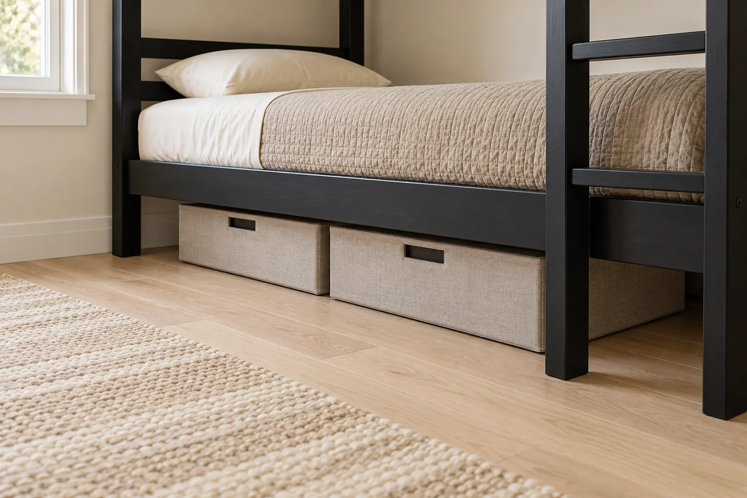 Caixas organizadoras de tecido bege sob a cama inferior de um beliche preto