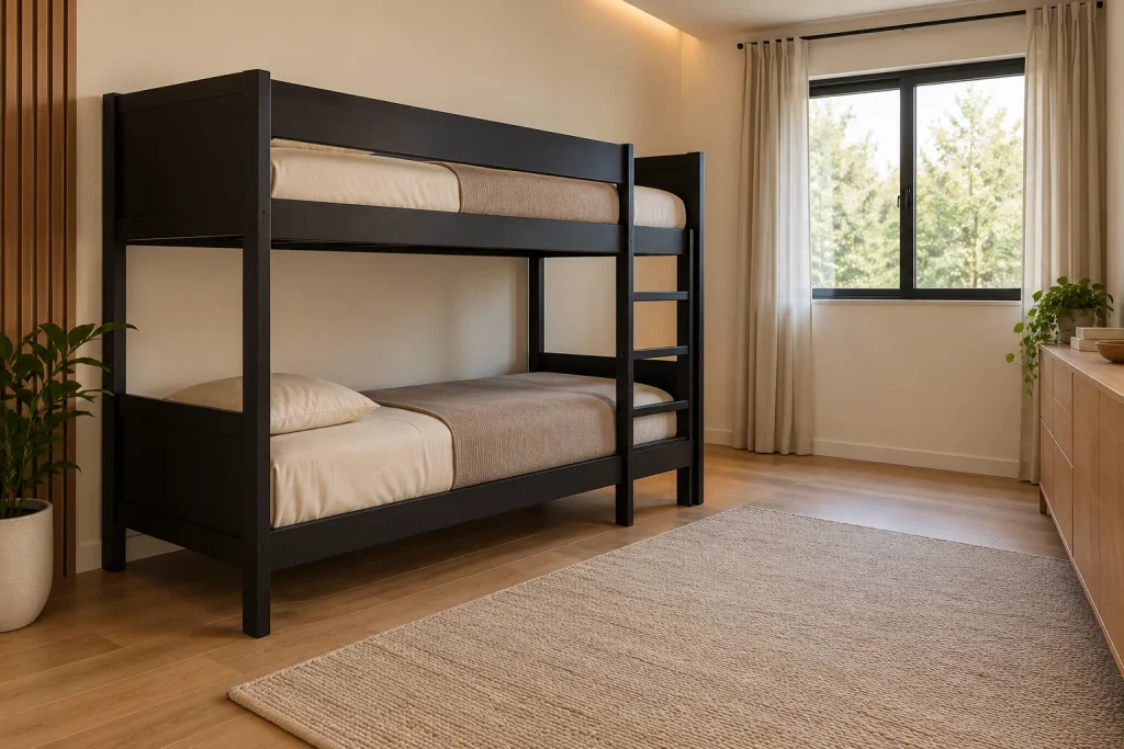Quarto com beliche preto, roupa de cama bege, piso de madeira e cortinas claras