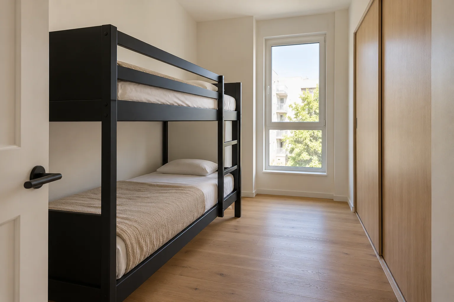 Quarto compacto com beliche preto à esquerda, guarda-roupa amadeirado à direita e passagem central