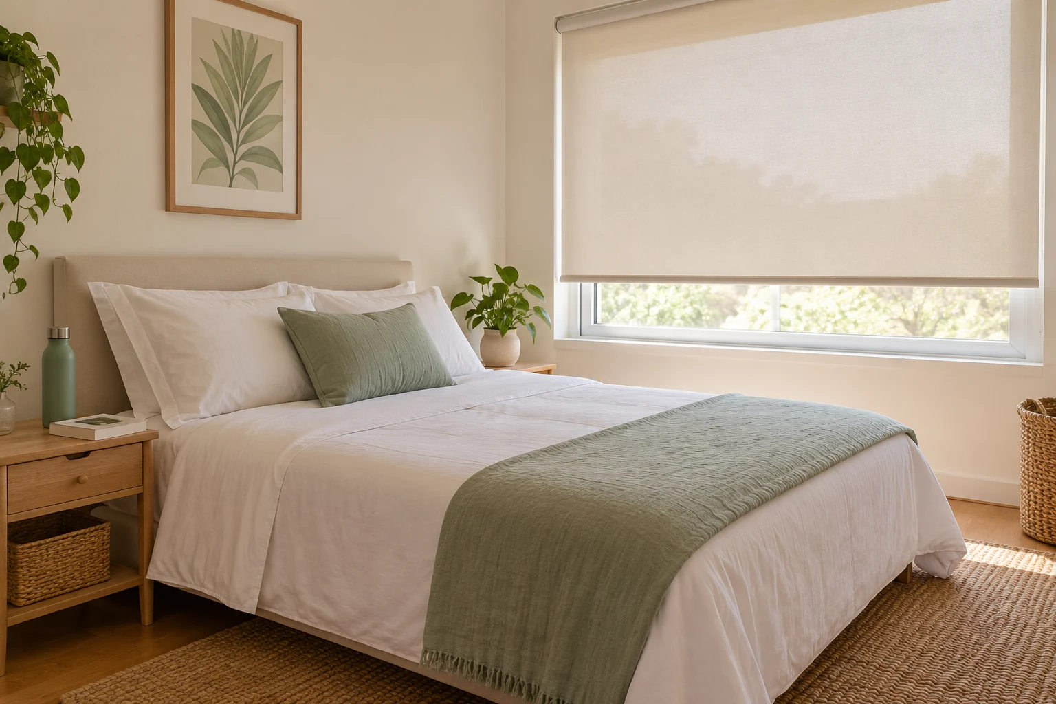 Quarto com roupa de cama clara, cobertura leve dobrada e persiana protegendo a janela