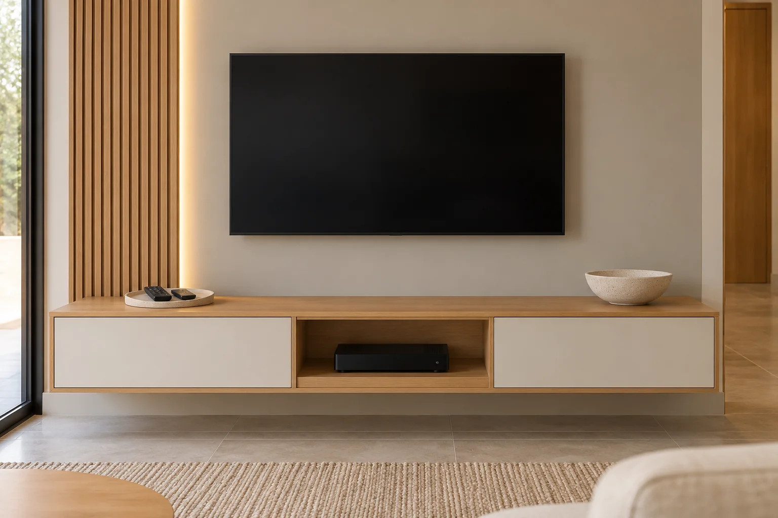 Painel de TV com rack suspenso branco e amadeirado, portas fechadas e nicho para aparelho eletrônico