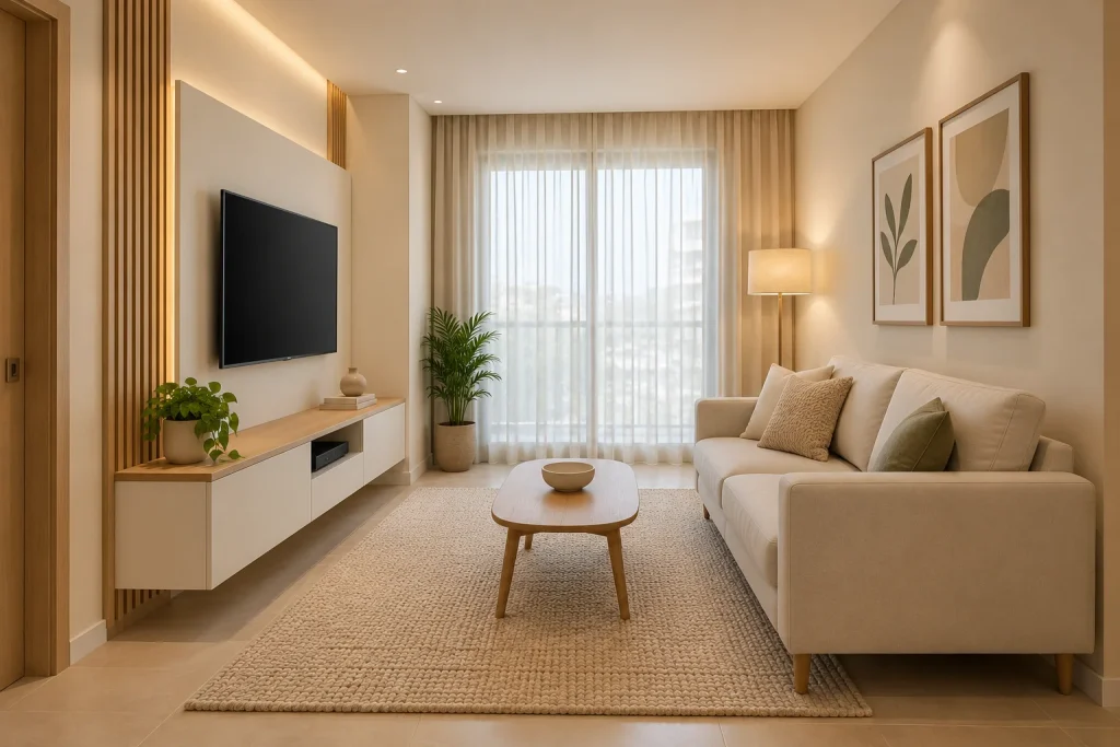 Sala pequena com sofá claro, painel de TV, rack suspenso e detalhes em madeira