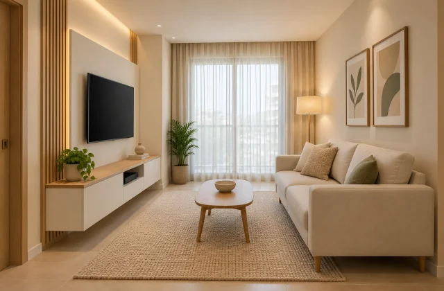 Sala pequena com sofá claro, painel de TV, rack suspenso e detalhes em madeira