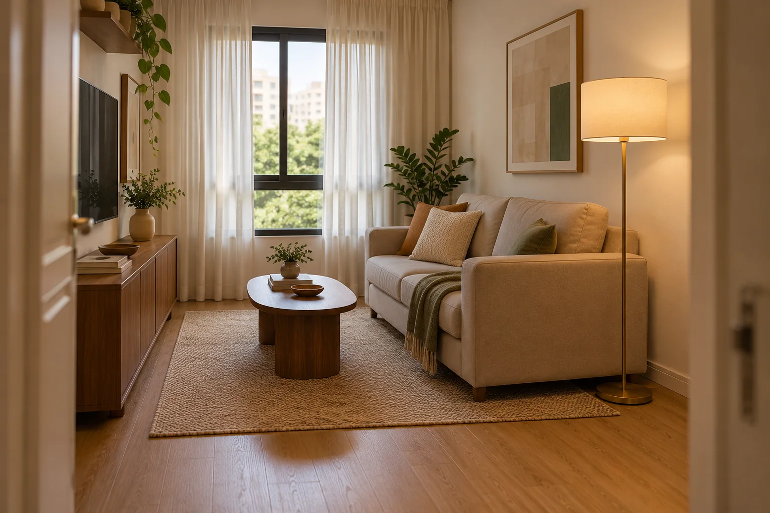 Sala pequena com sofá bege, luminária de coluna dourada, mesa oval e rack de madeira
