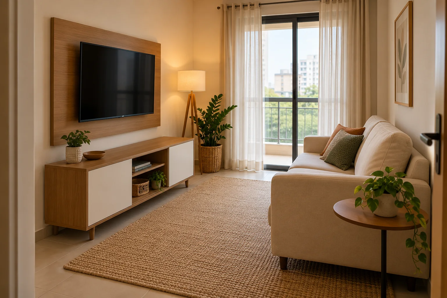 Sala compacta com rack apoiado no chão, painel de TV separado e sofá claro