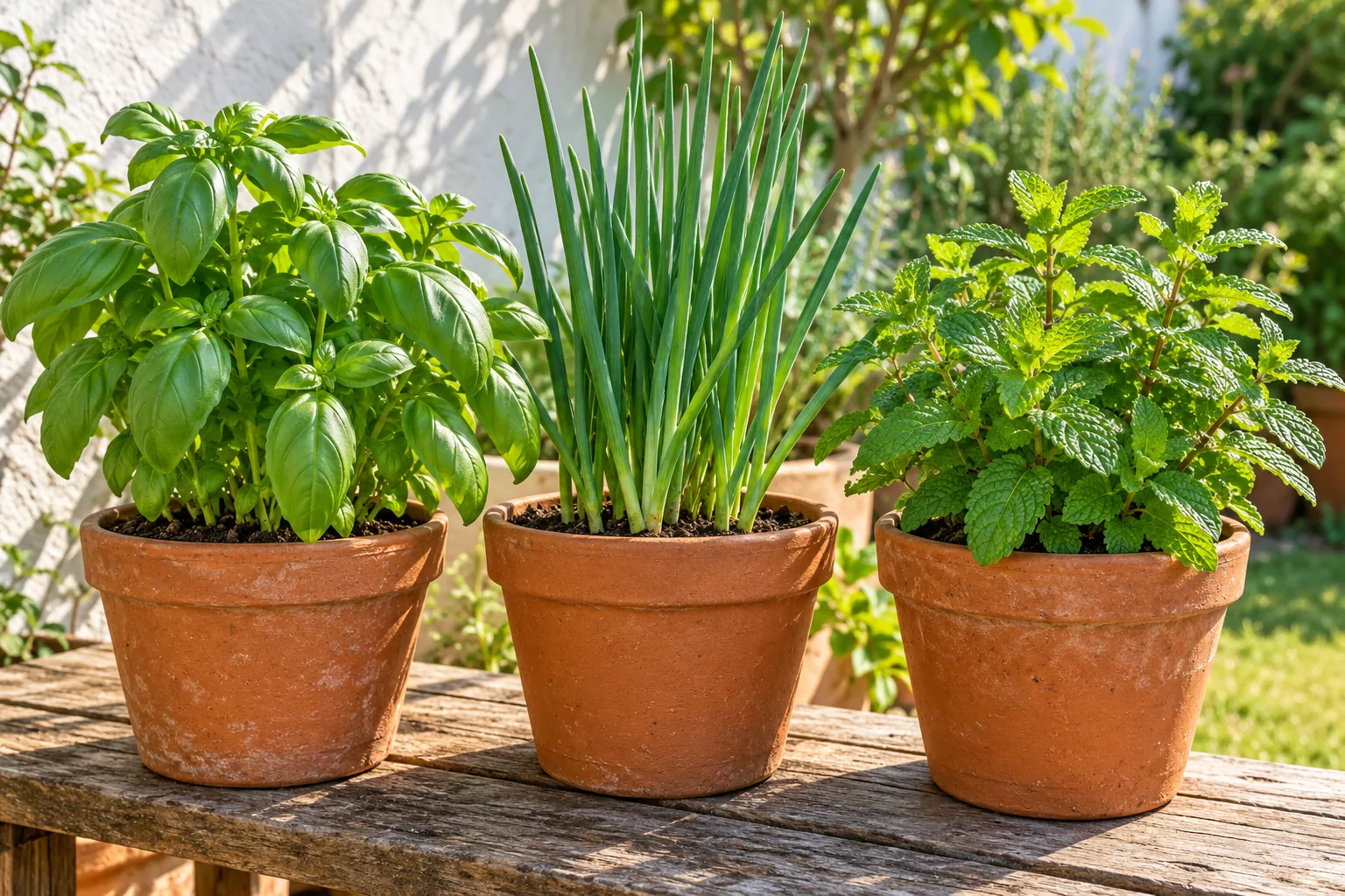 Vasos de terracota com manjericão, cebolinha e hortelã sobre um banco no jardim